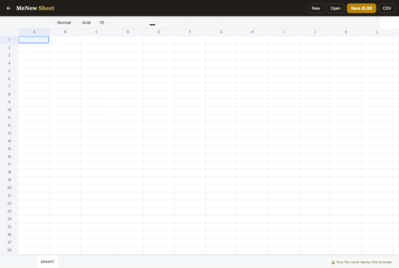 The MeNew Sheet spreadsheet editor — toolbar, formula support and sheet tabs