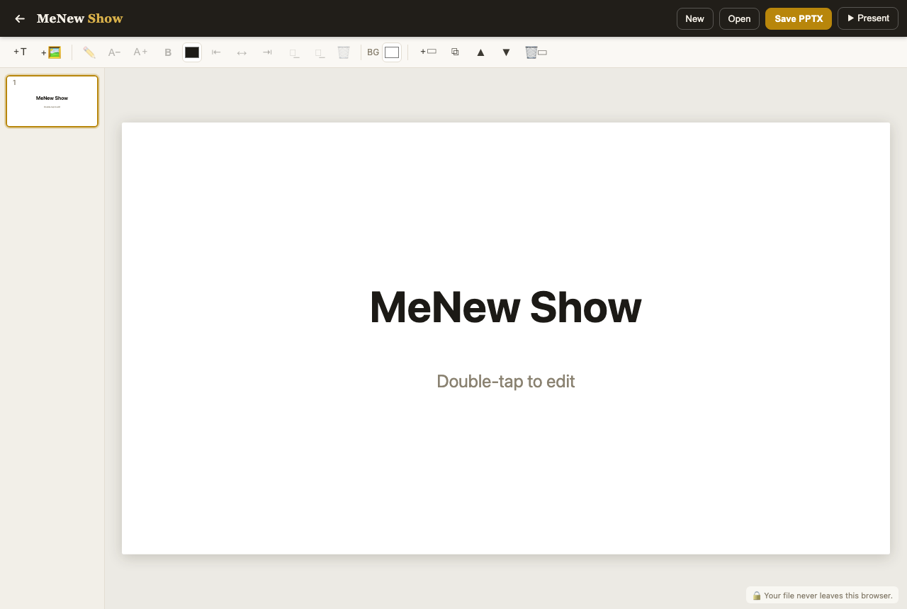 The MeNew Show presentation editor — slide list and editing canvas