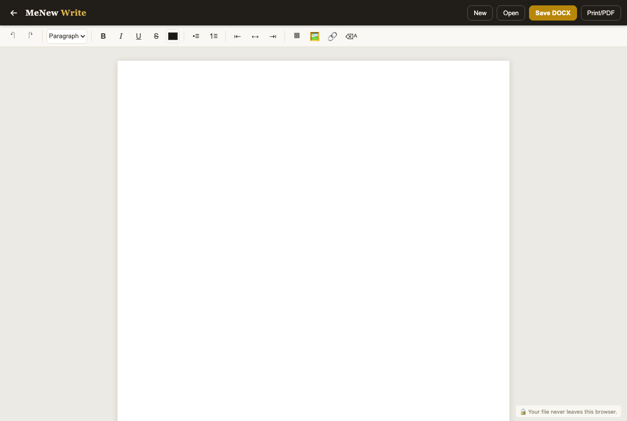 The MeNew Write document editor — formatting toolbar and page view